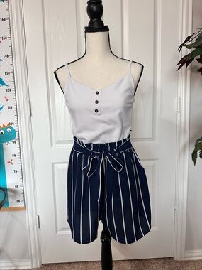 Justify Onesie Navy and White Vertical Stripe Paperbag Waist Shorts